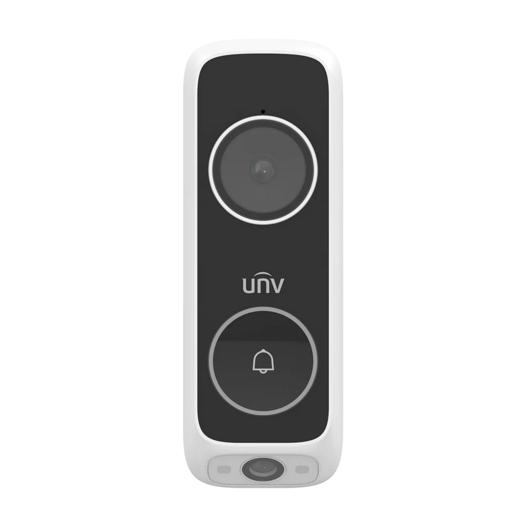 White video doorbell security camera with large lens, UNV logo, and doorbell icon