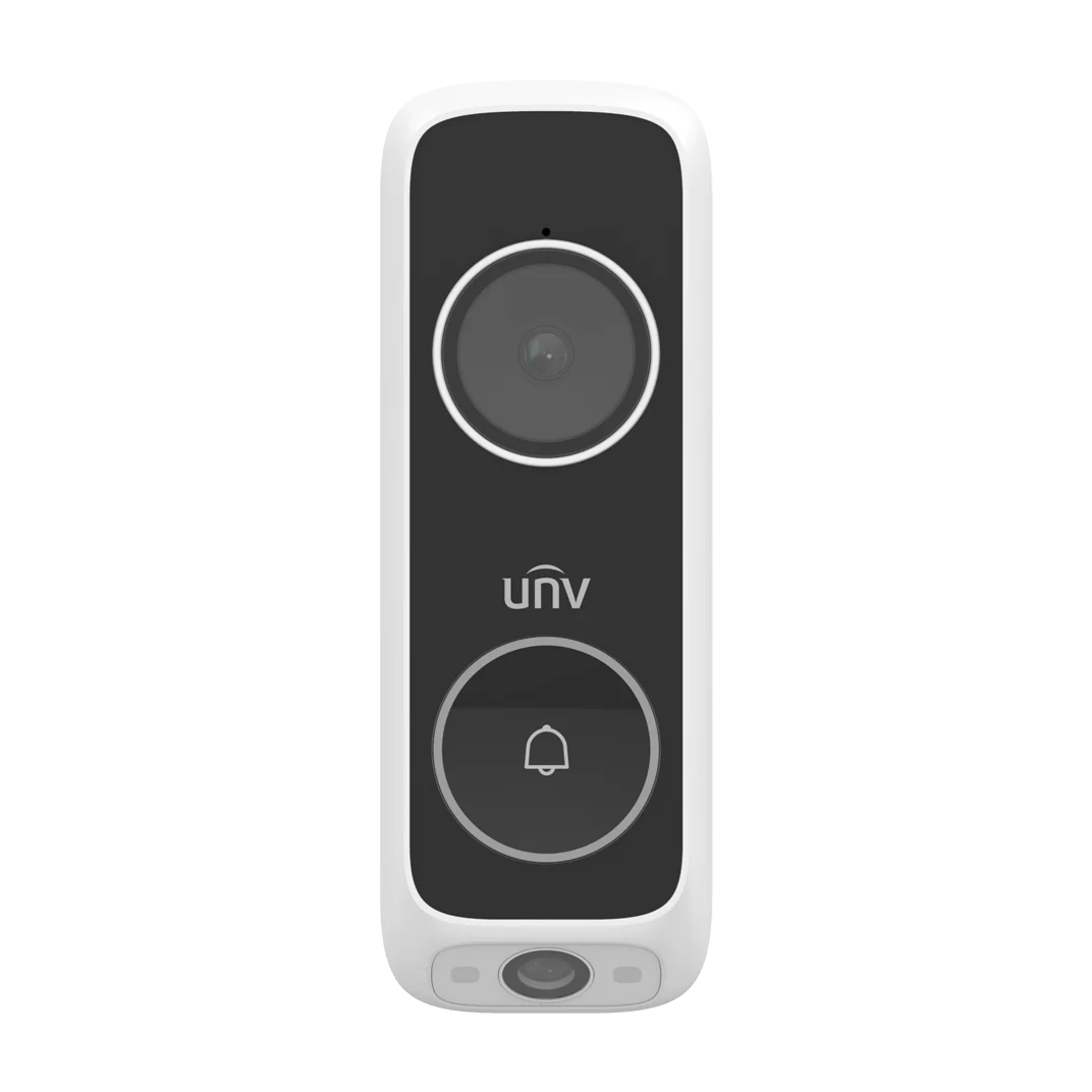 White video doorbell security camera with large lens, UNV logo, and doorbell icon