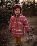 Kids reversible puffy jacket with maroon hood, front zipper, and white stripe design