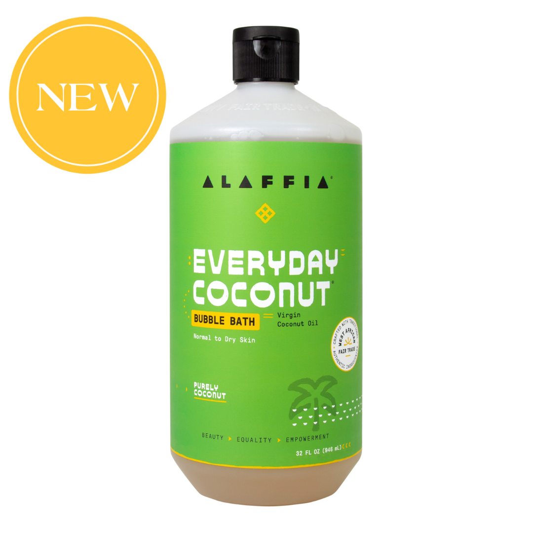 Alaffia coconut bubble bath bottle with green label, 32 oz