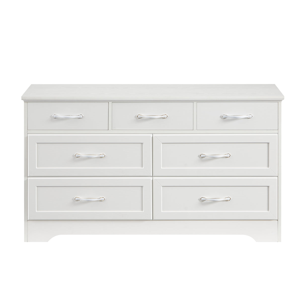 White dresser chest with multiple drawers and chrome metal bar pulls, front view