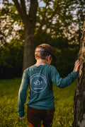 Teal kids long-sleeve T-shirt with back graphic