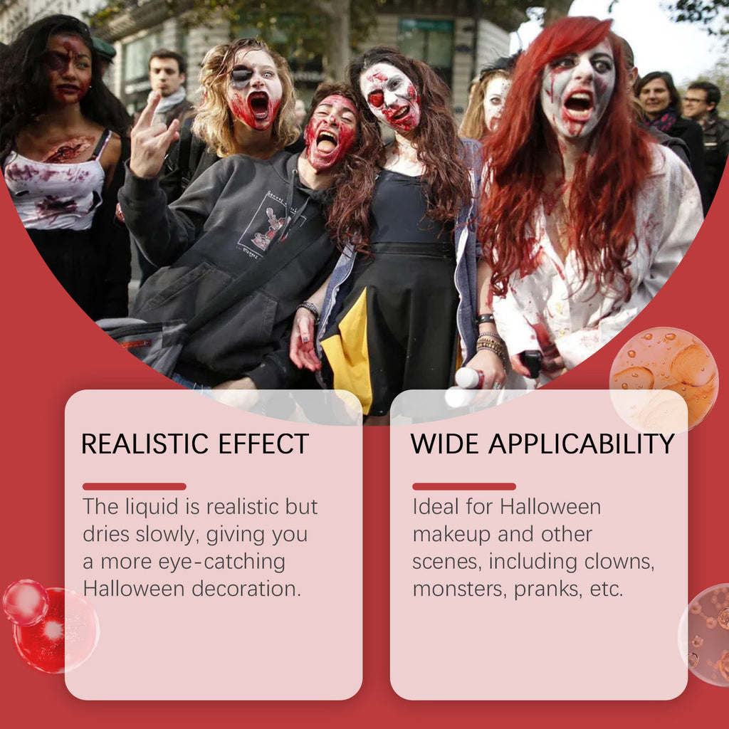 Halloween special effects makeup on people’s faces, red and dark splatter look