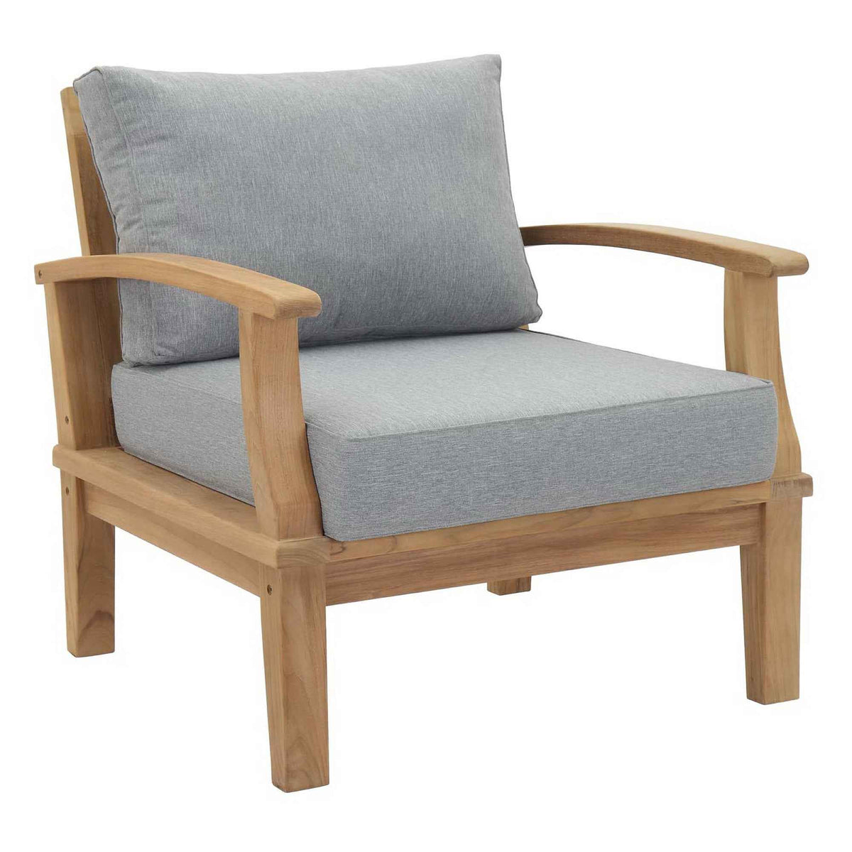 Outdoor teak sectional chair with gray seat and back cushions