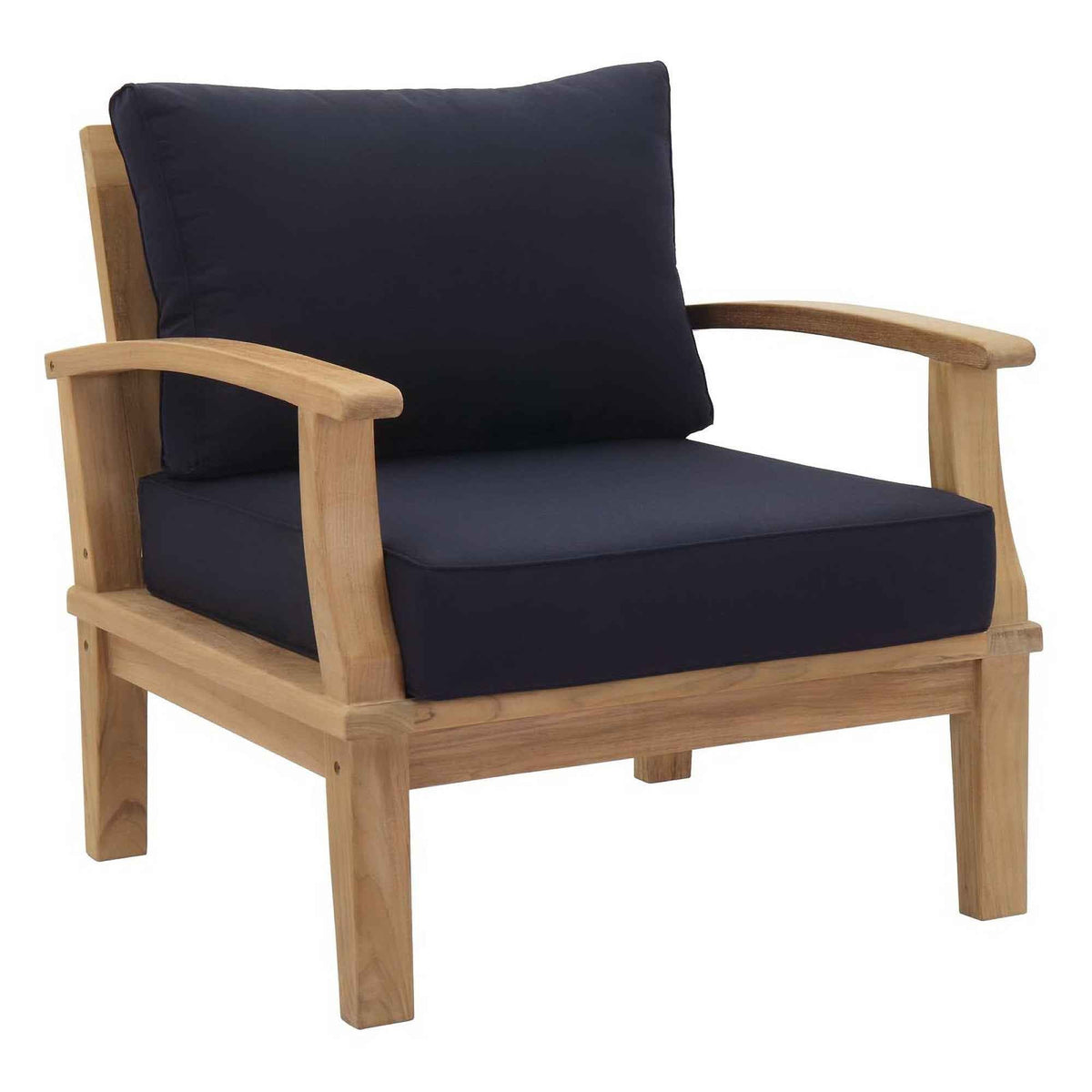 Teak outdoor armchair with dark navy cushions and curved armrest