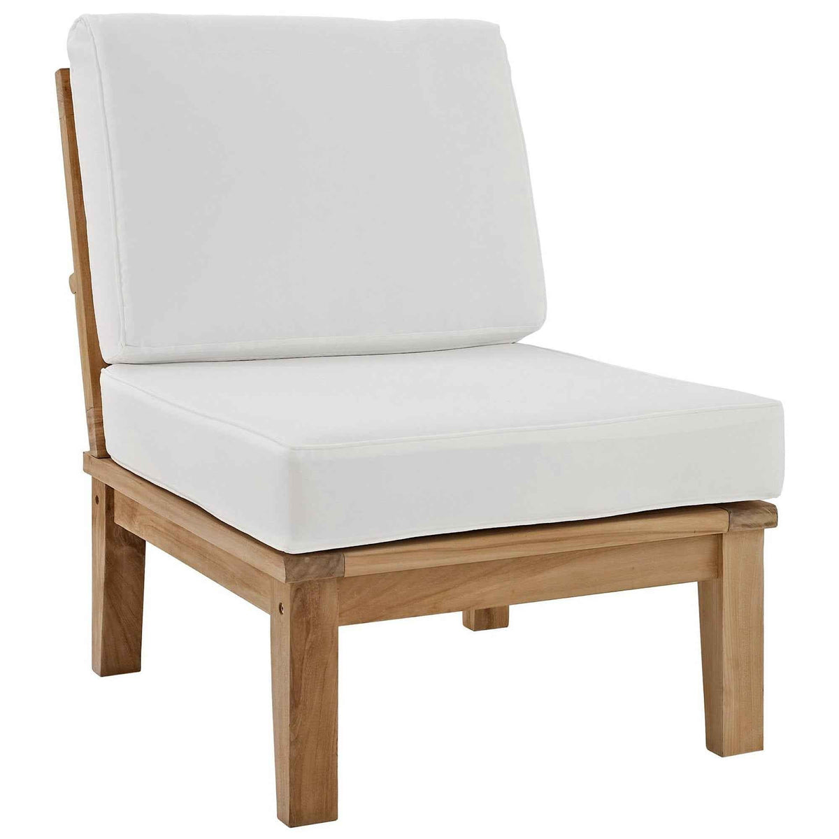 Teak outdoor seat with white cushion and wide backrest