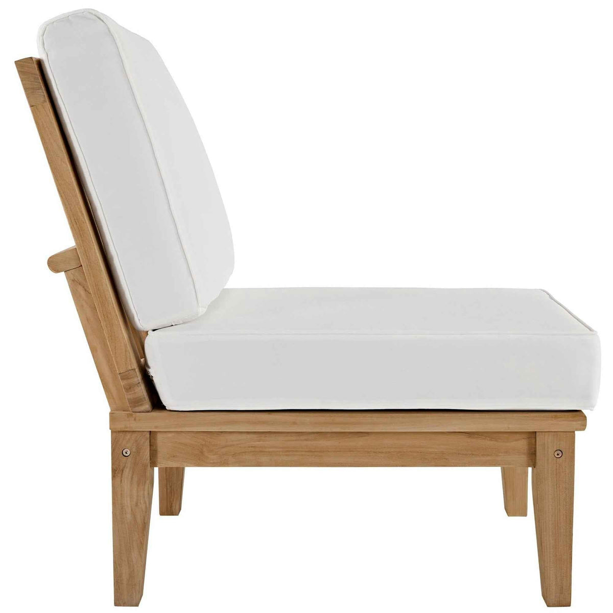 Teak outdoor chaise-style seating with white cushion and tall back