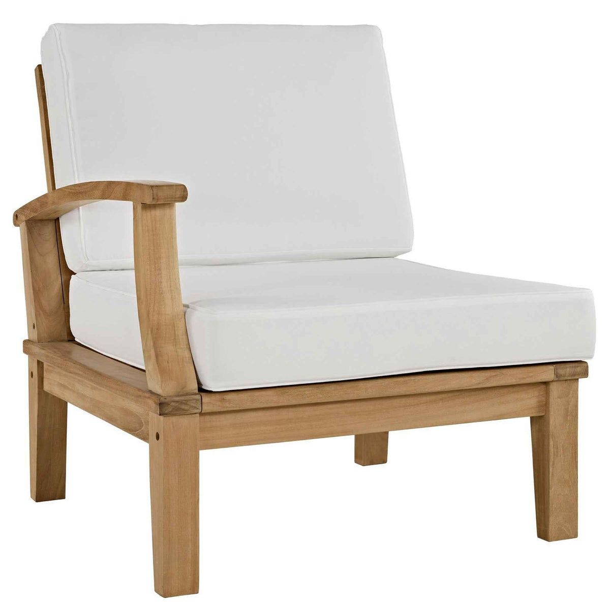 Teak outdoor armchair with white cushions and curved top rail