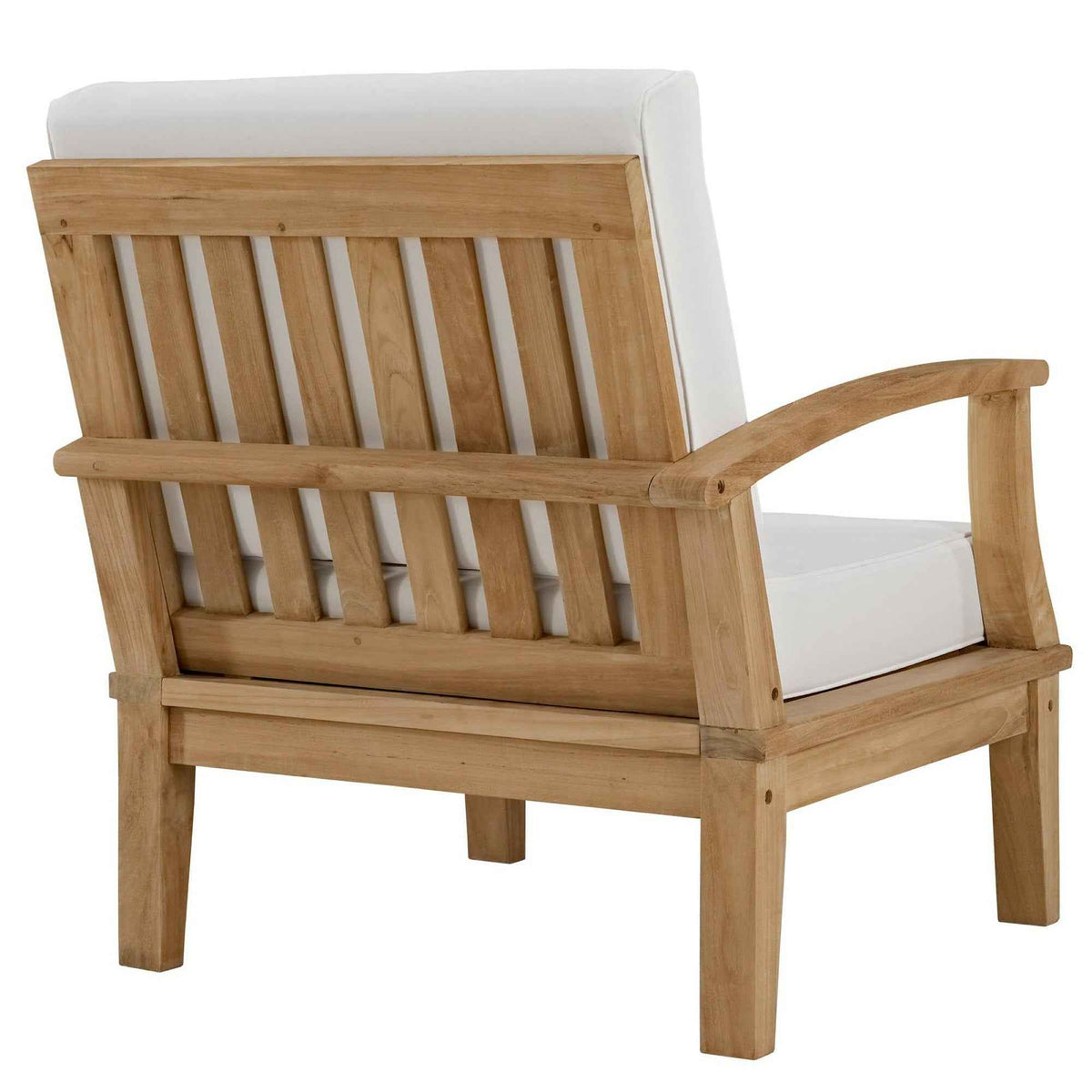 Teak outdoor sofa with white cushions and slatted back panel