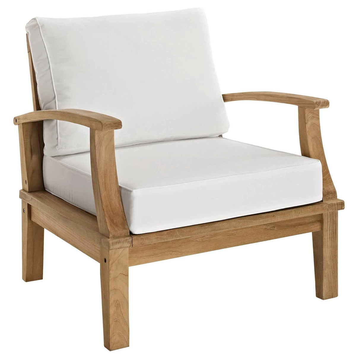 Teak outdoor armchair with white seat and back cushions