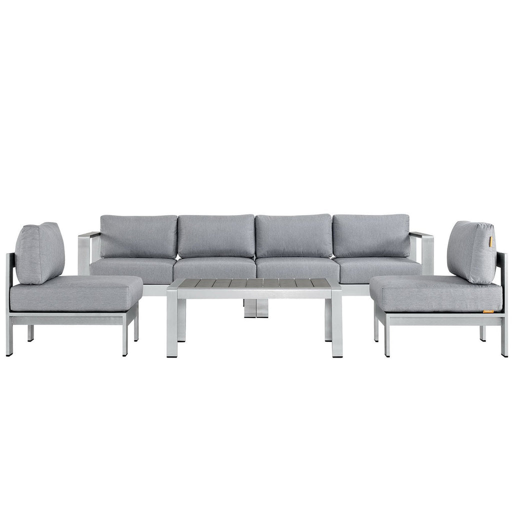 Outdoor aluminum sectional sofa set with gray upholstered cushions and armrests