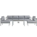 Outdoor aluminum sectional sofa set with gray upholstered cushions and armrests