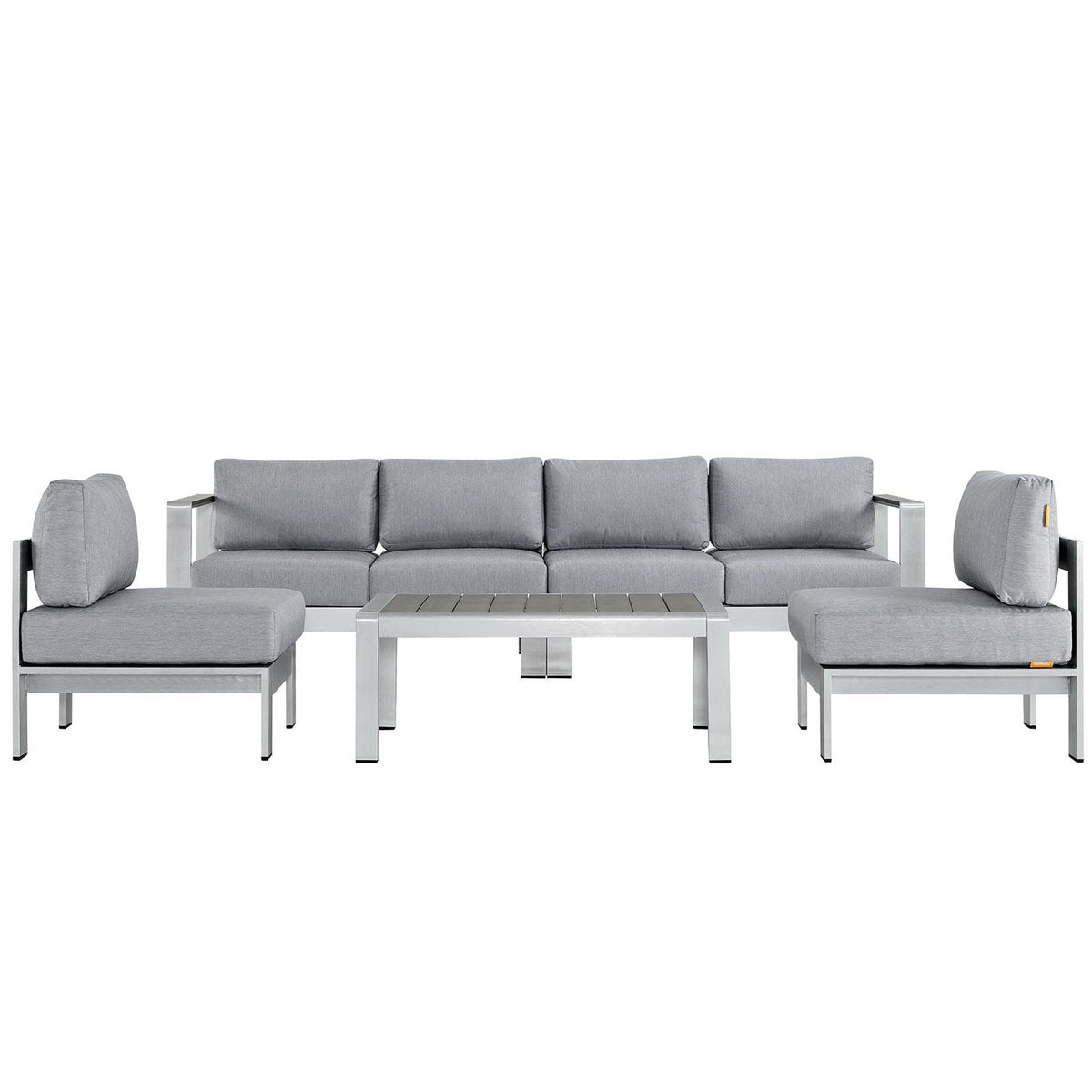 Outdoor aluminum sectional sofa set with gray upholstered cushions and armrests