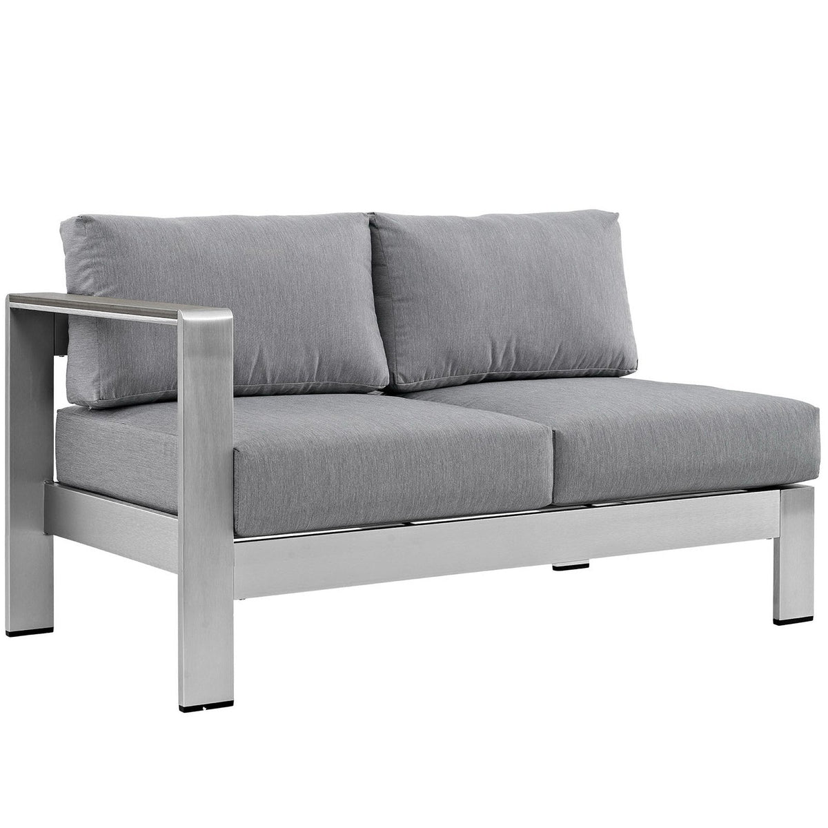 Outdoor aluminum sofa section with gray fabric cushions and square arms