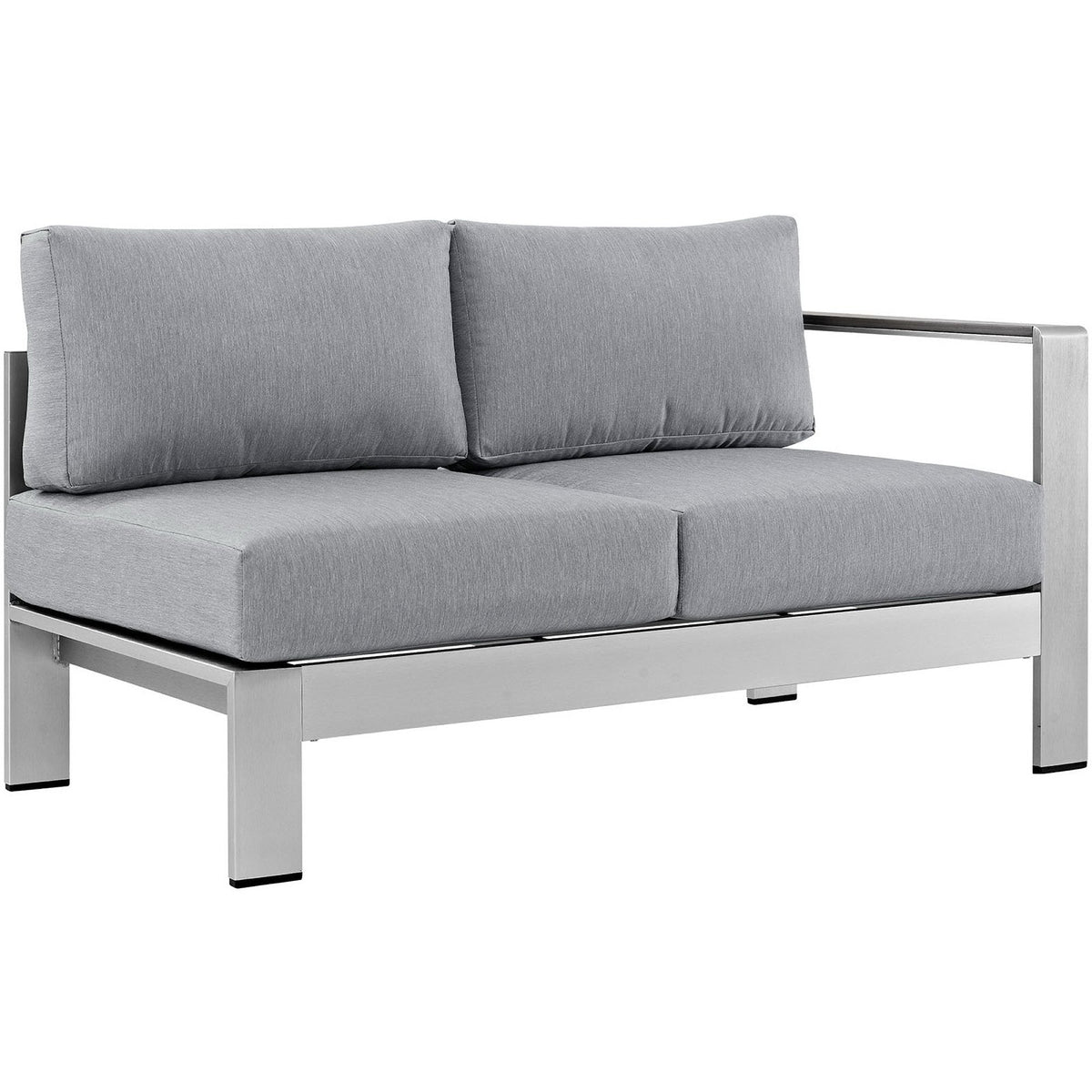 Outdoor aluminum sectional loveseat with gray cushions and two back pillows