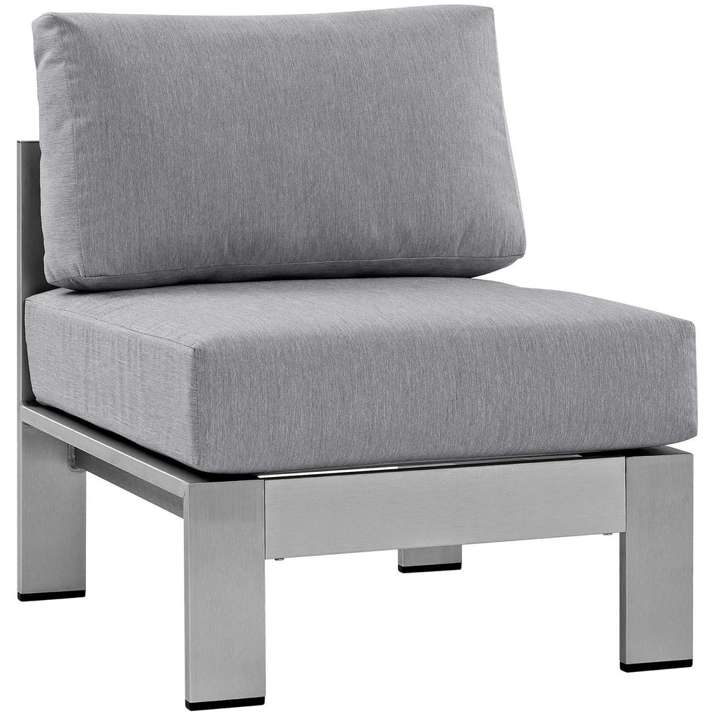 Outdoor aluminum chair section with gray seat cushion and high backrest