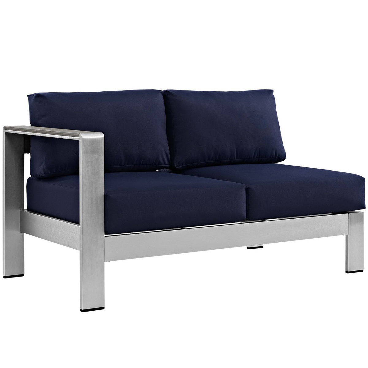 Outdoor patio sectional sofa with navy cushions and silver aluminum frame, loveseat style