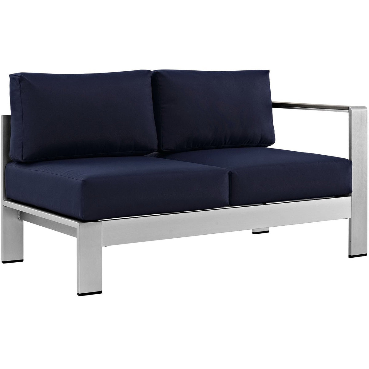 Outdoor aluminum sofa section with navy cushions and two back pillows