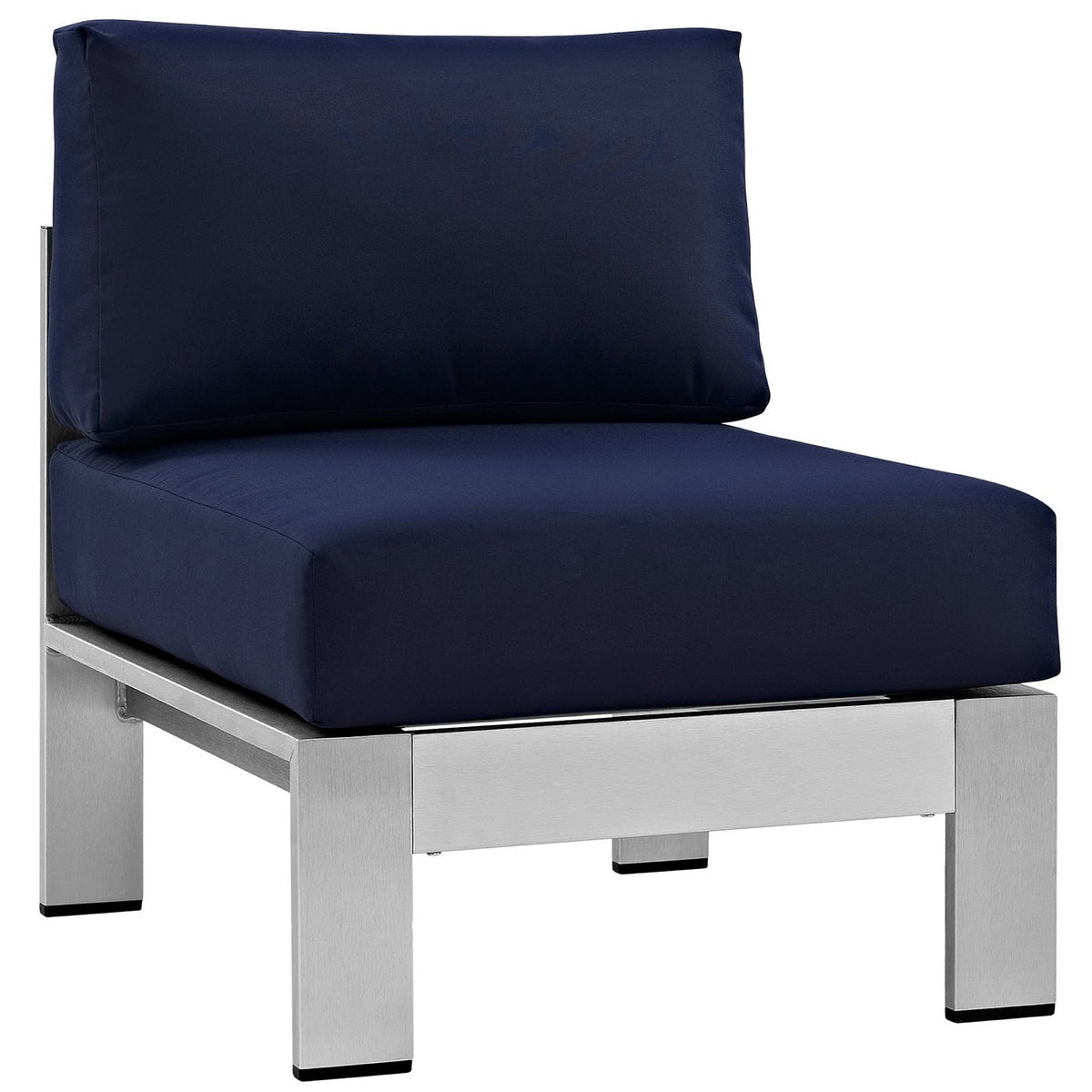 Outdoor aluminum chair section with navy upholstered seat and back cushion