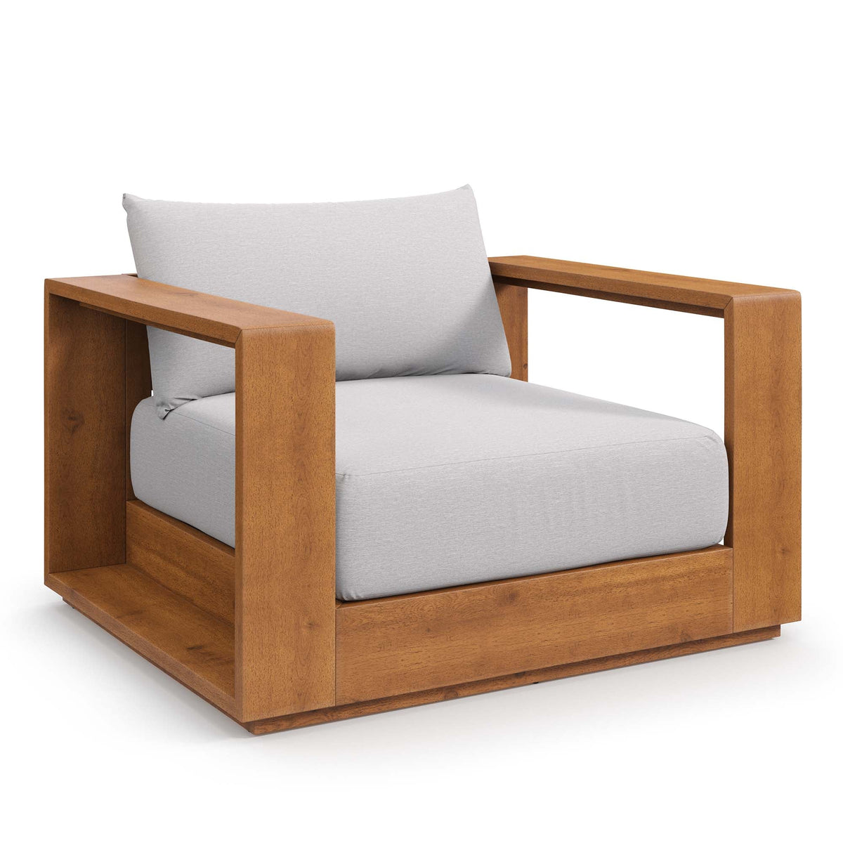 Acacia patio armchair with light gray seat and back cushions, wide arm frame