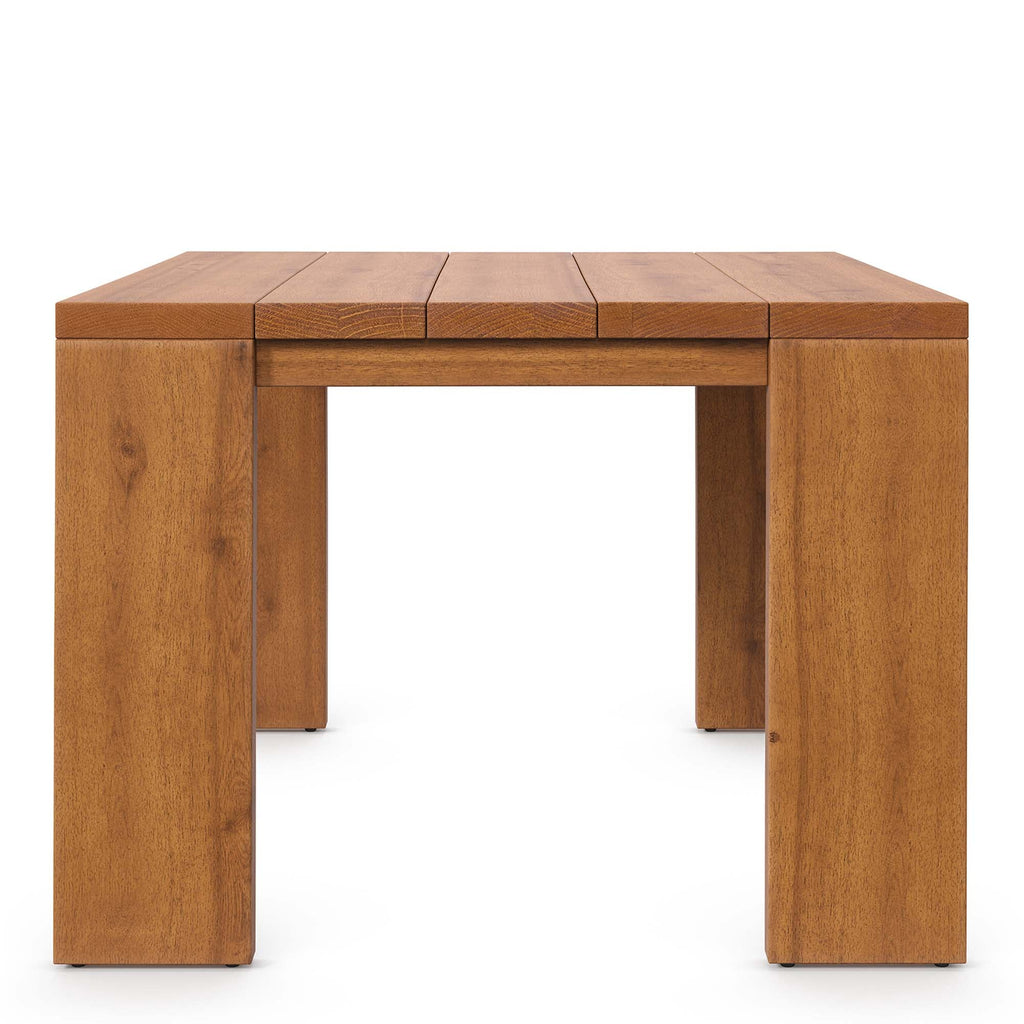 Acacia outdoor coffee table top with segmented wood panels and square legs