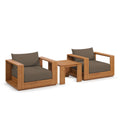Outdoor patio acacia wood set: two lounge chairs with gray cushions and square table