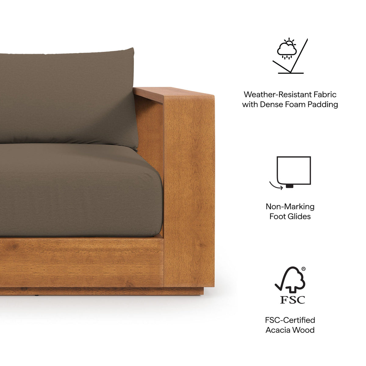 Outdoor patio acacia wood lounge chair with gray cushion and open side shelf