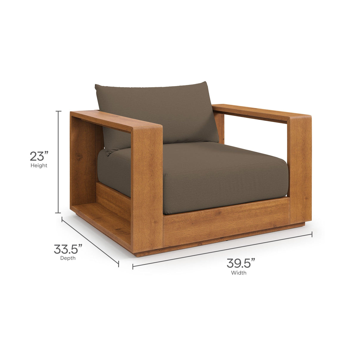 Outdoor patio acacia wood loveseat with gray cushions and open base shelf