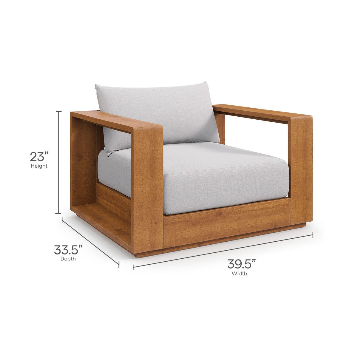 Acacia outdoor armchair with light gray seat and back cushions, 39.5-in wide
