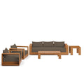 Outdoor patio furniture set with loveseat, chairs, and side table in acacia