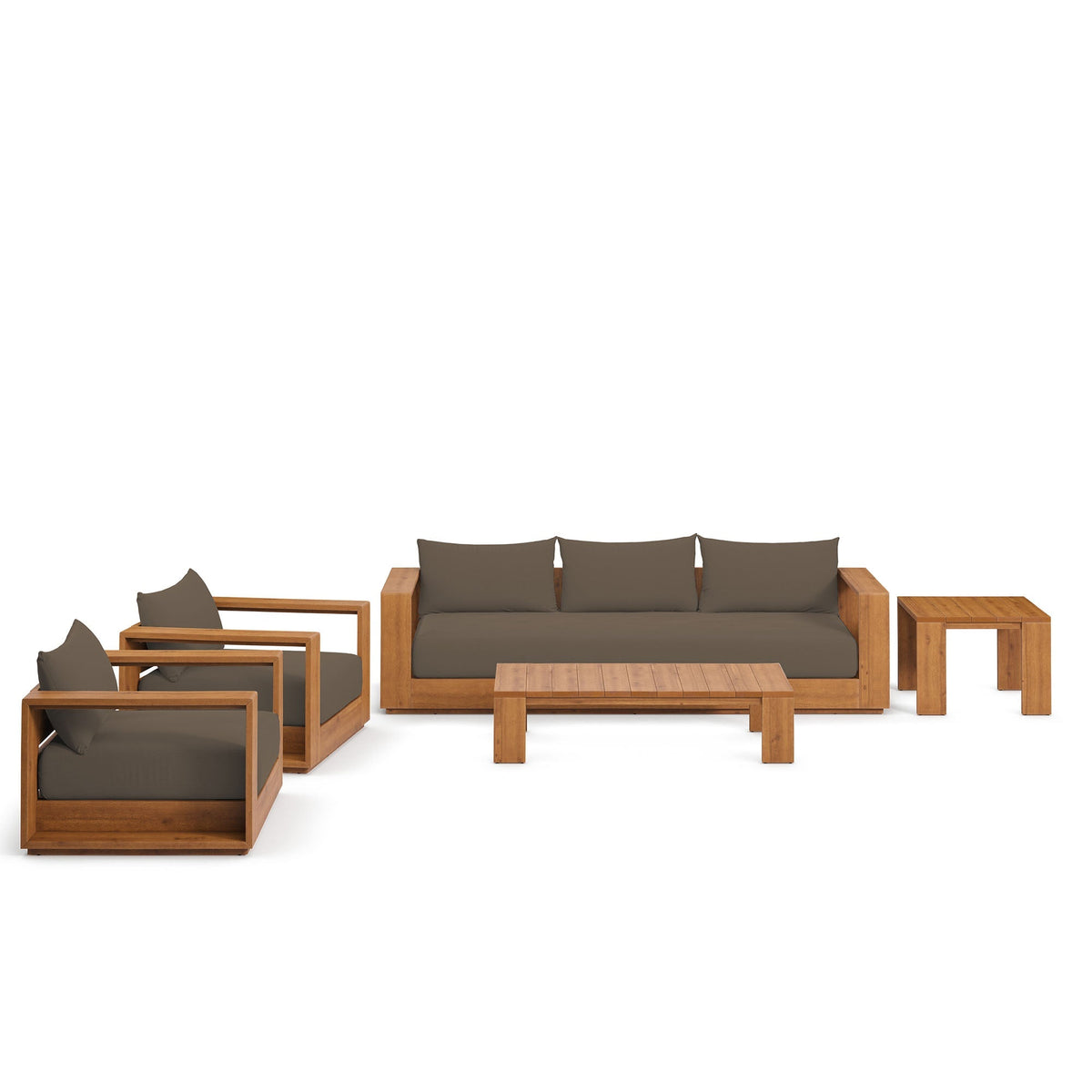 Outdoor patio furniture set with loveseat, chairs, and side table in acacia