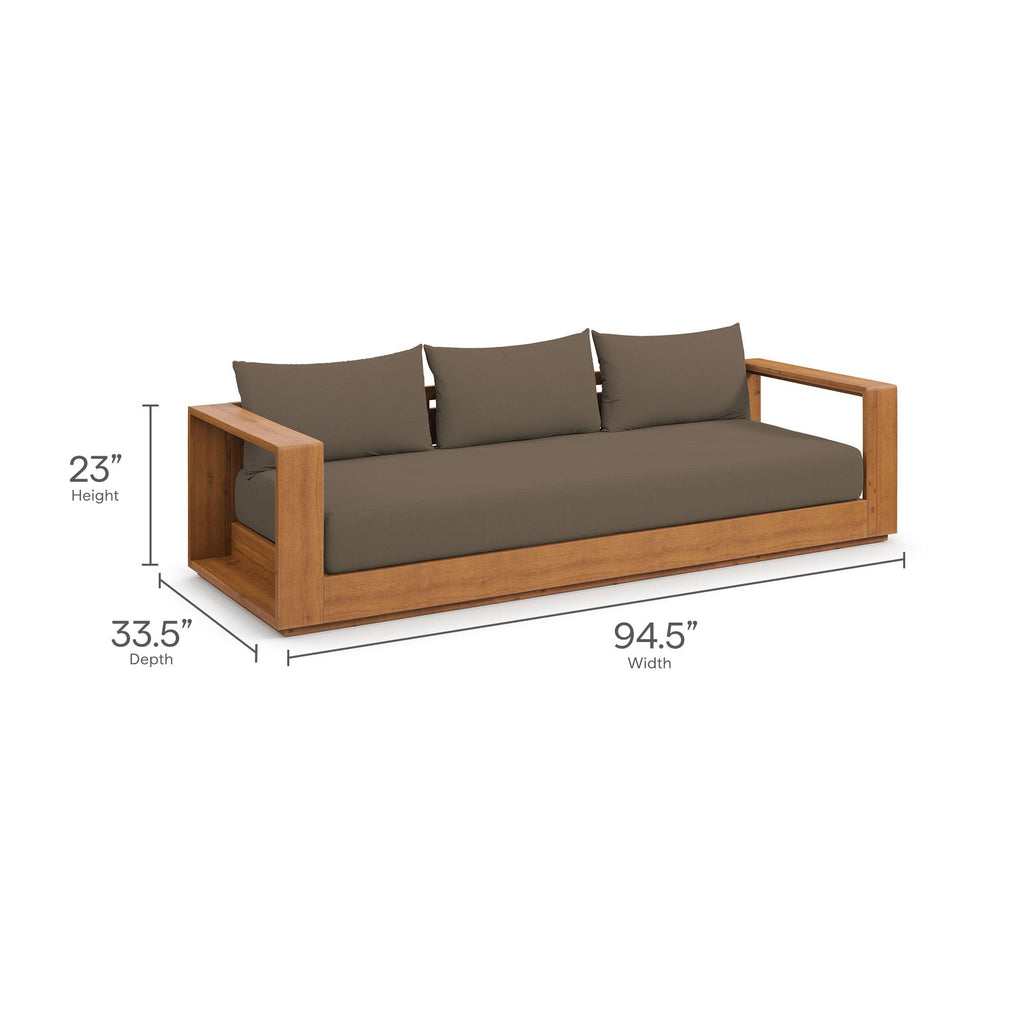 Outdoor patio loveseat with dark gray cushions and acacia wood frame