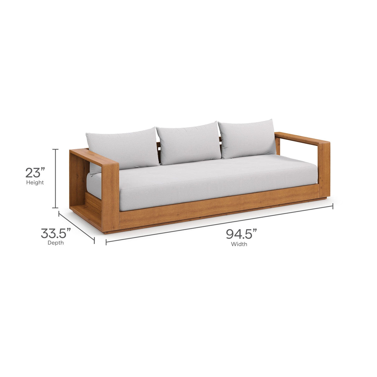 Acacia wood outdoor loveseat with light gray cushions and slatted armrests