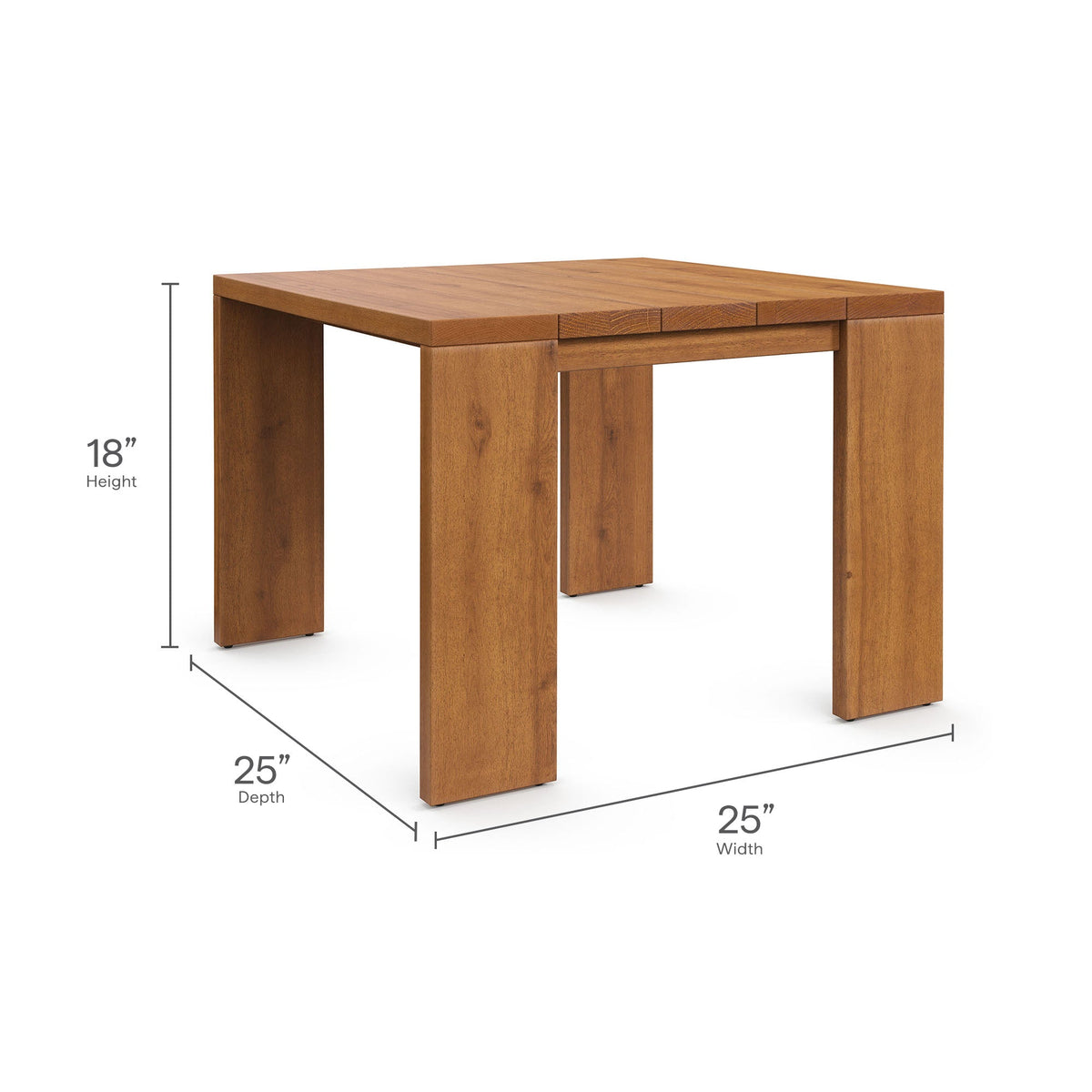 Square acacia wood outdoor side table with chunky legs and paneled top
