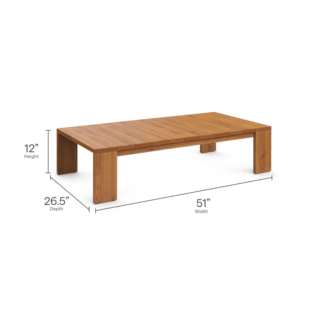 Rectangular acacia wood outdoor coffee table with thick tabletop and legs