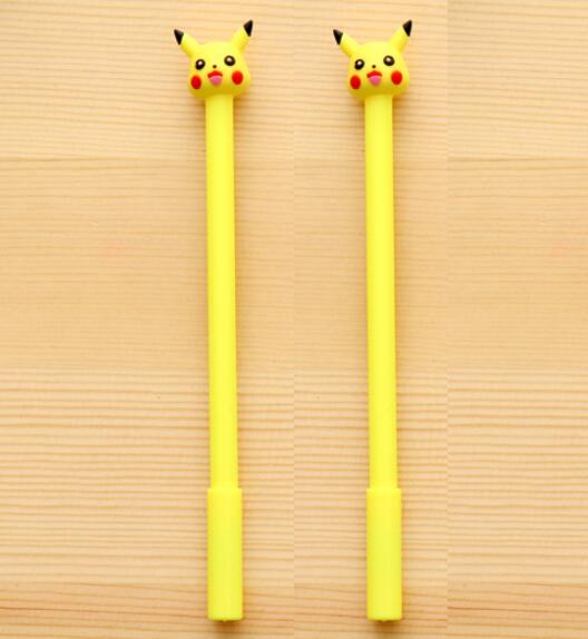 Two yellow Pikachu-head gel pens standing side by side with black ink tips