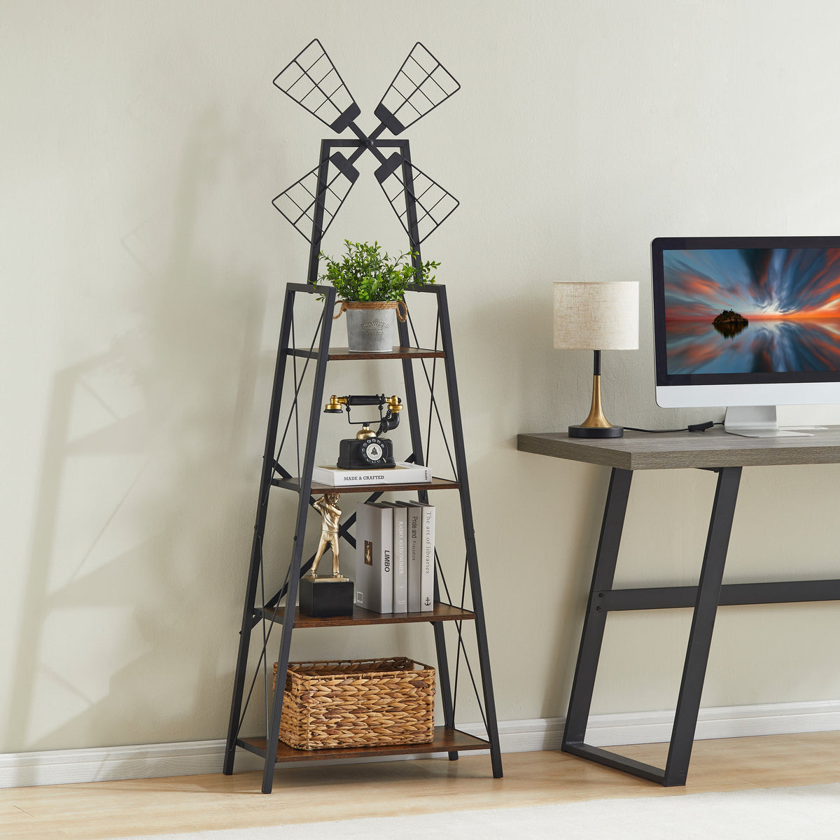 4-tier narrow bookcase in black metal with rustic brown wood shelves