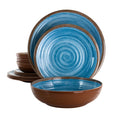 Blue rippled melamine dinnerware bowls with stack of plates