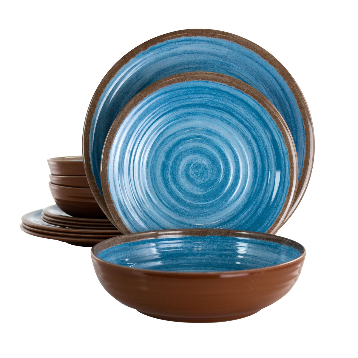Blue rippled melamine dinnerware bowls with stack of plates