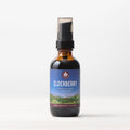 Elderberry tincture bottle with black pump, amber liquid, front label