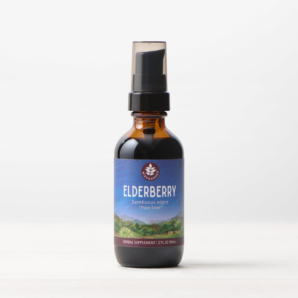 Elderberry tincture bottle with black pump, amber liquid, front label