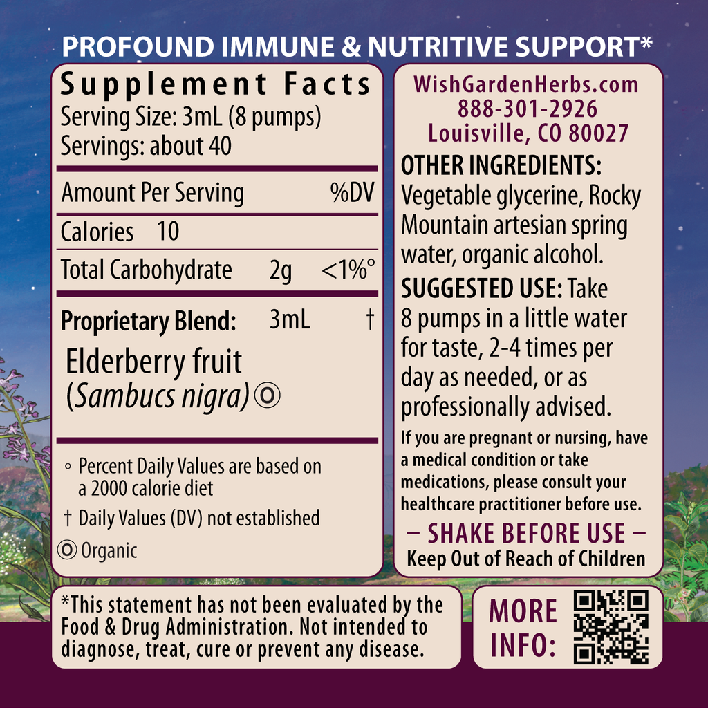 Elderberry tincture supplement facts panel with serving size 3 mL and ingredients