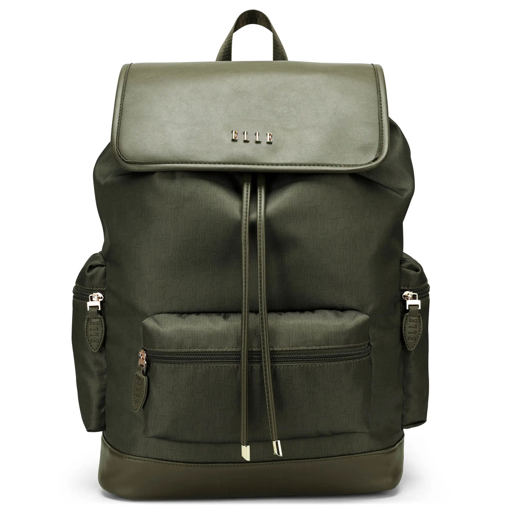 Olive green backpack with flap top, front zip pocket, and adjustable shoulder straps