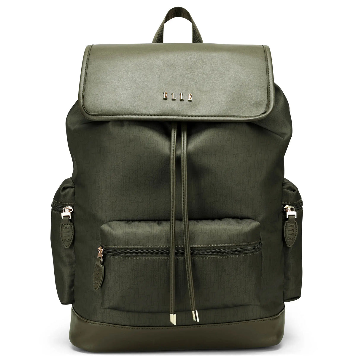 Olive green backpack with flap top, front zip pocket, and adjustable shoulder straps