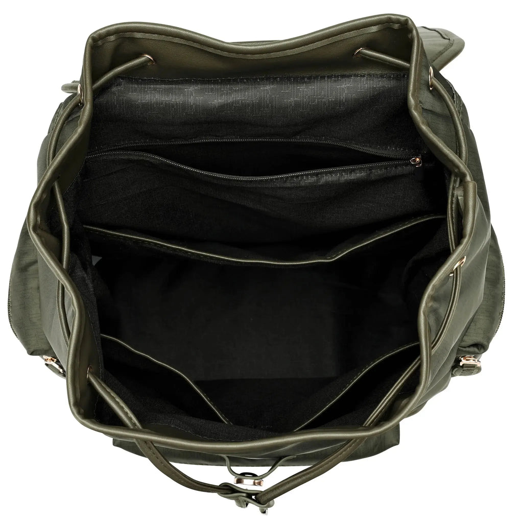 Olive green backpack open with multiple inner zip pockets and black lining
