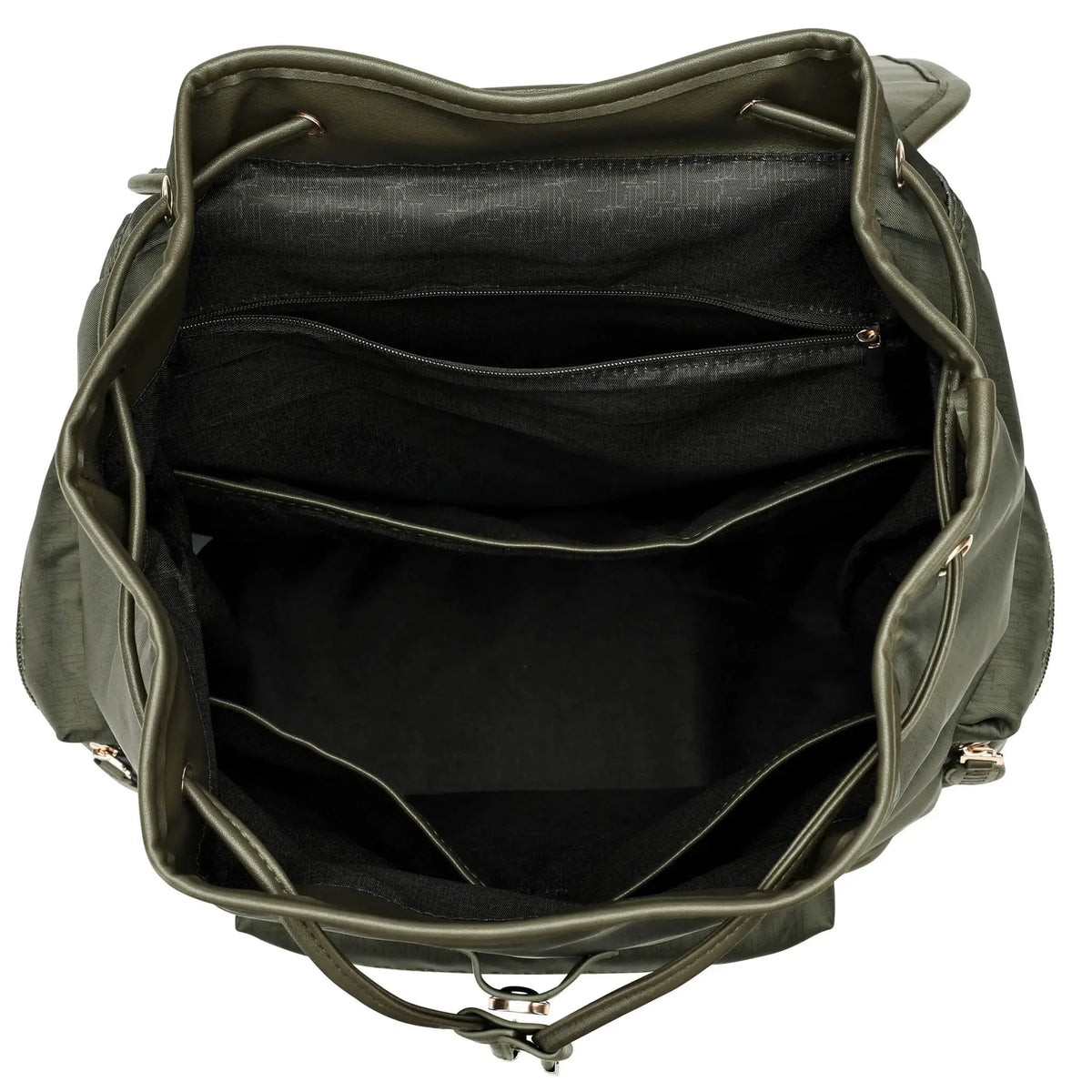 Olive green backpack open with multiple inner zip pockets and black lining