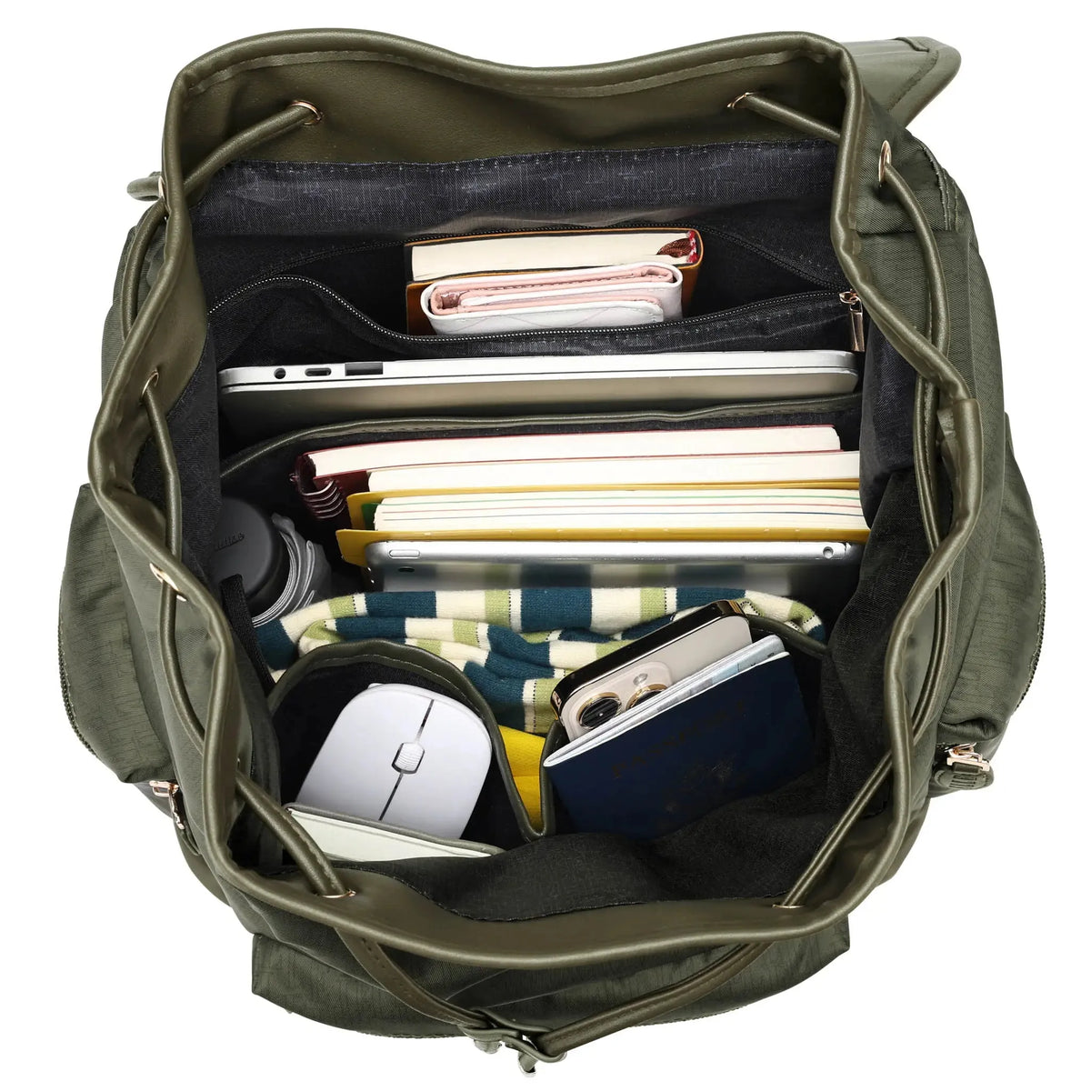 Olive green weekender duffel bag open, packed with notebooks and electronics