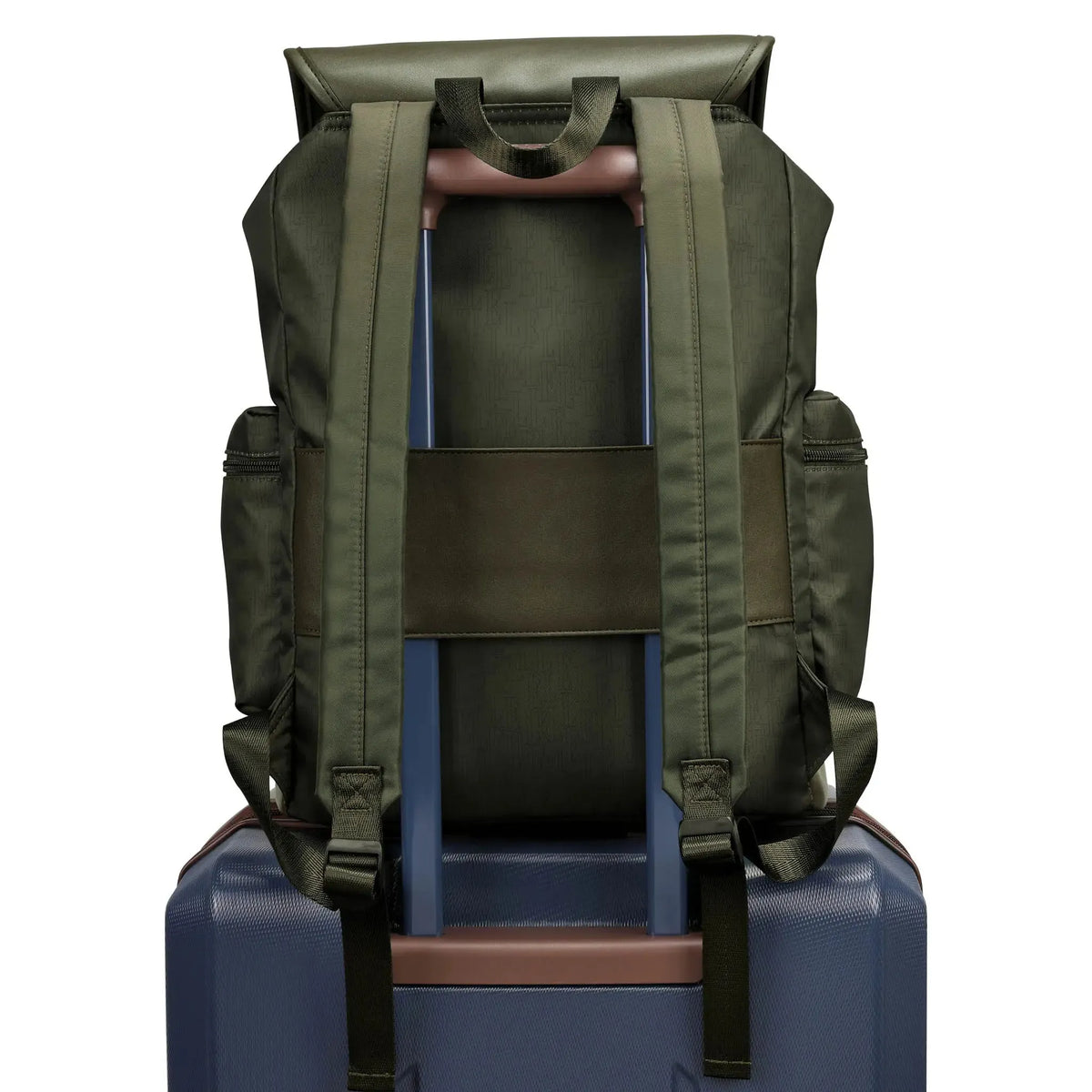 Olive green backpack open, showing structured interior shelves and straps