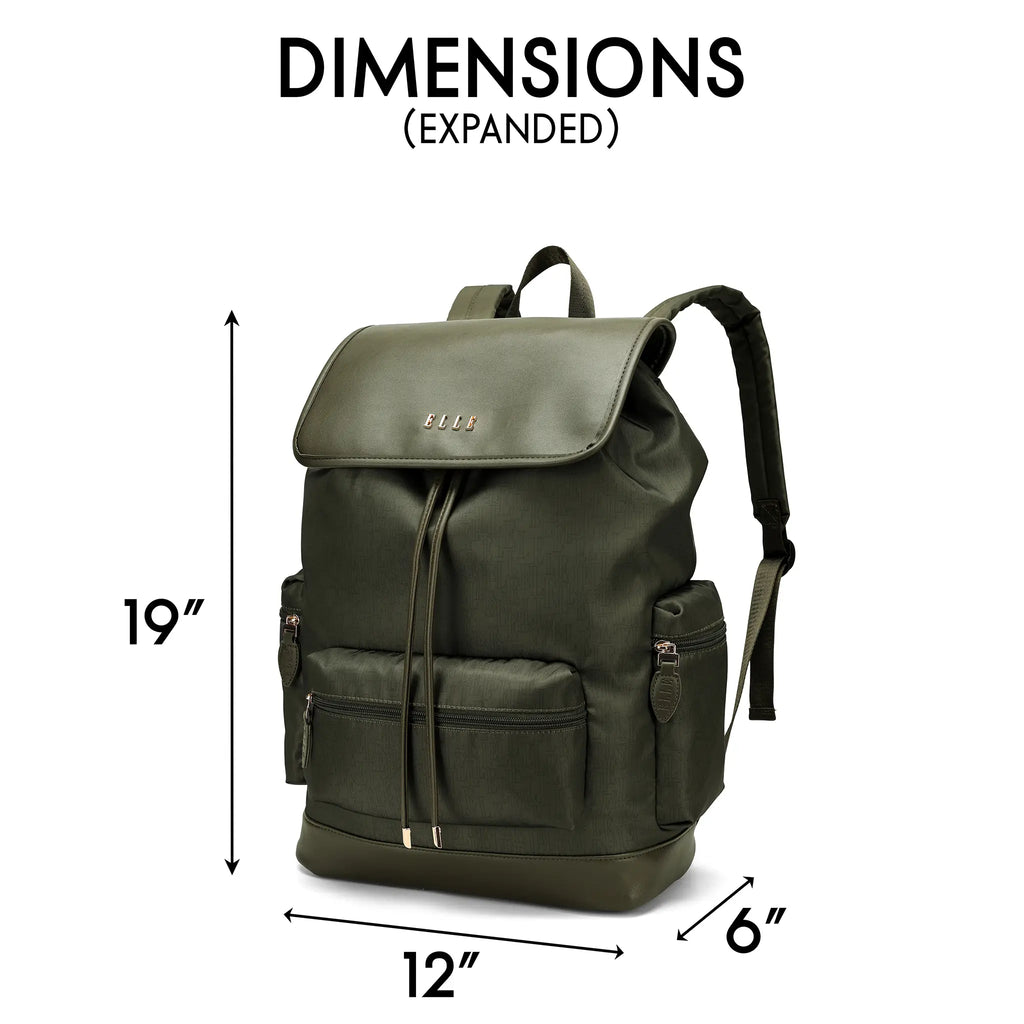 Olive green backpack dimensions, 12 x 6 x 19 in shown in expanded view