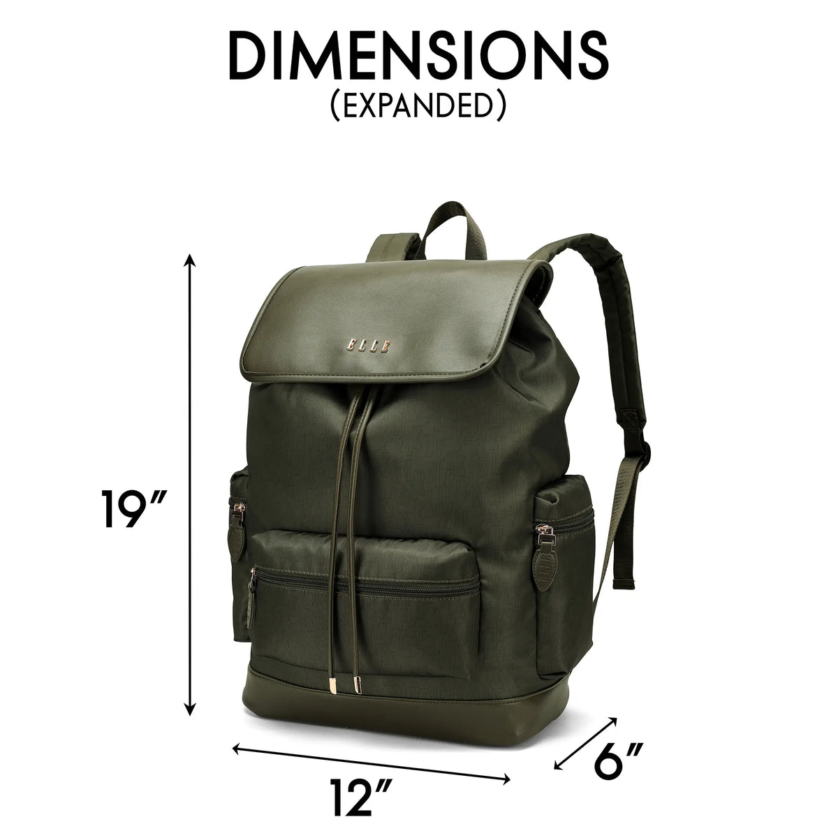 Olive green backpack dimensions, 12 x 6 x 19 in shown in expanded view